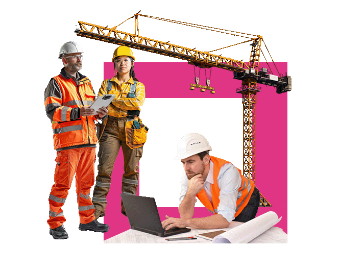 Construction workers, crane
